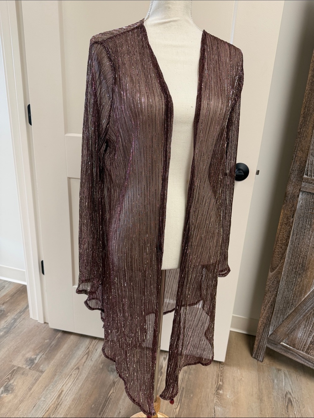 Sheer Metallic Pleated Open-Front Duster - Wine